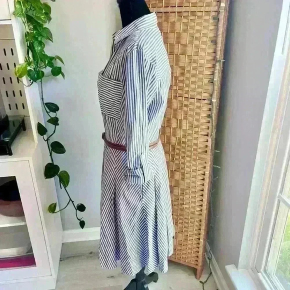 Michael Kors Blue Pin Stripe Belted Midi Button Down Dress - Picture 6 of 12